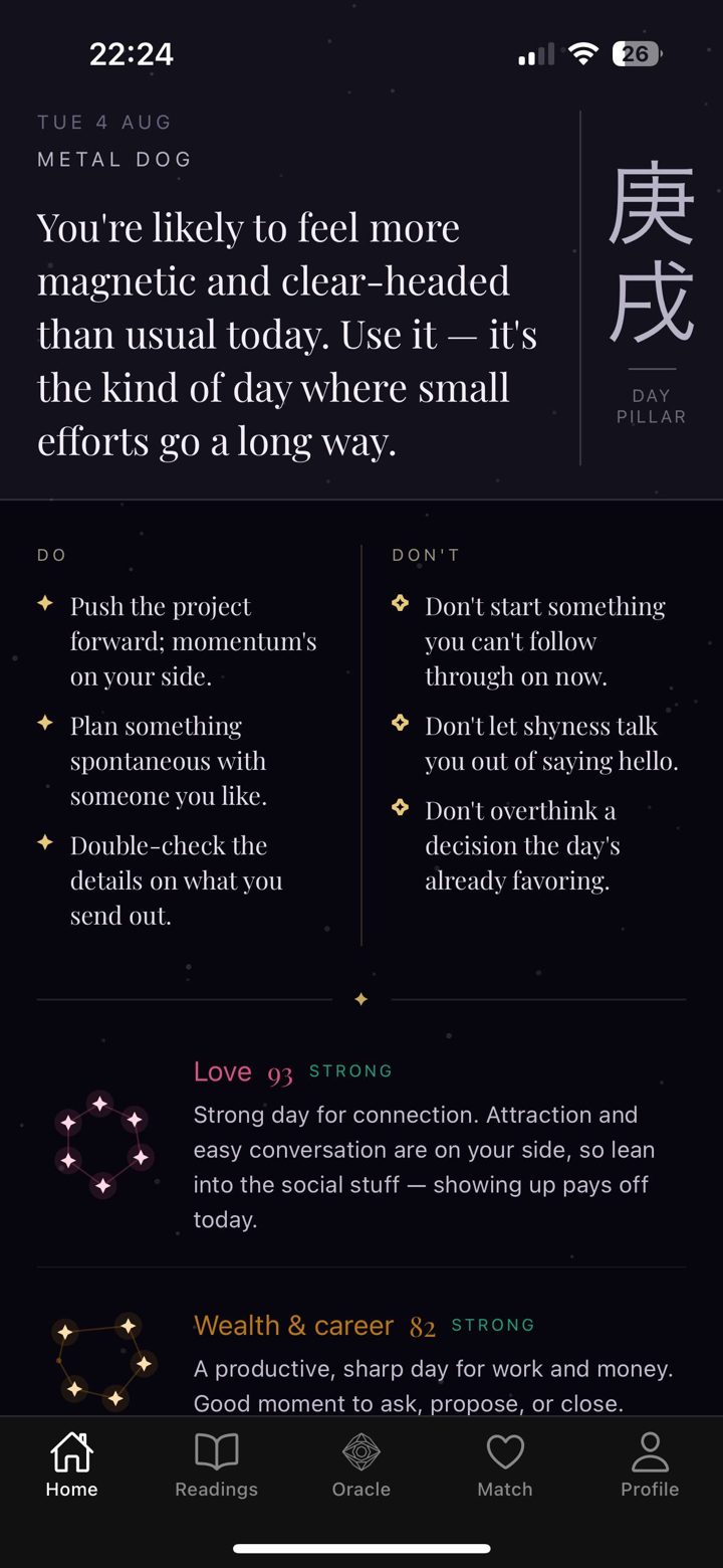 Lagna home screen: today's day pillar with a daily reading, do and don't lists, and Love and Wealth scores.