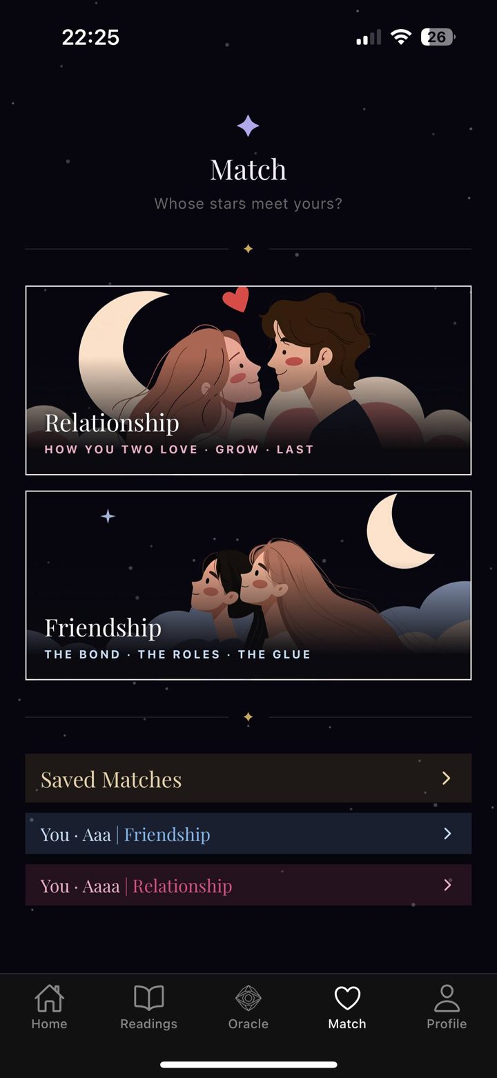Lagna Match screen: Relationship and Friendship compatibility reports, with saved matches below.