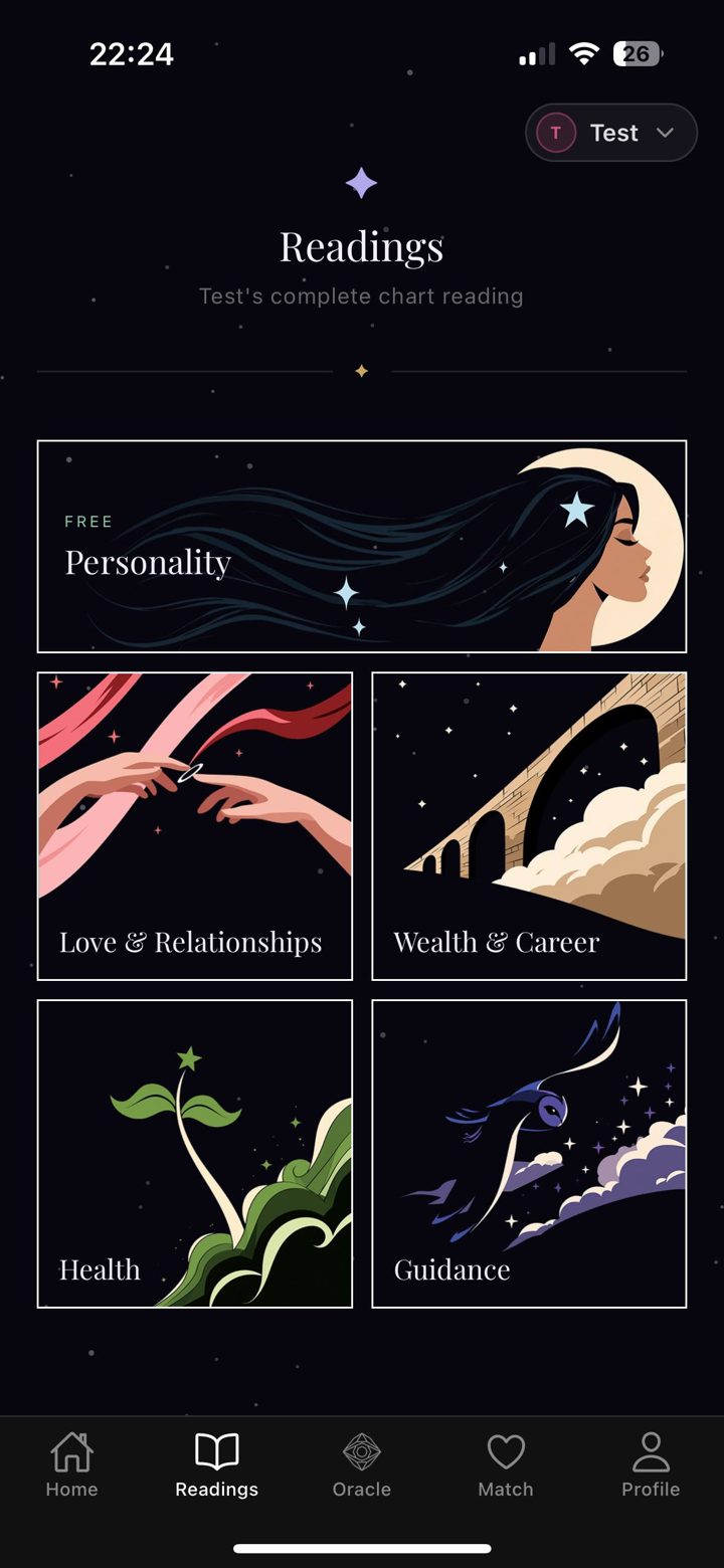 Lagna readings screen: Personality free, plus Love & Relationships, Wealth & Career, Health, and Guidance topics.